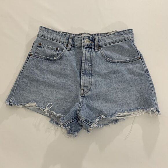 Zara Denim Shorts Button Fly Women 6 Light Blue Acid Wash Distressed Frayed Boho - Picture 1 of 9
